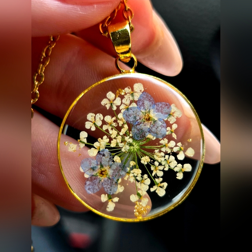 Pressed "Forget Me Not" Flower Pendant Necklace